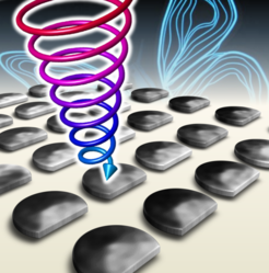 Artistic view of magnetic transmission X-ray microscopy of arrays of microdisks (radius 500 nm). Each of the asymmetric disks contains a magnetic vortex. The measured contrast showing uniform circularities of all vortices is mapped as a greyscale on the disks.