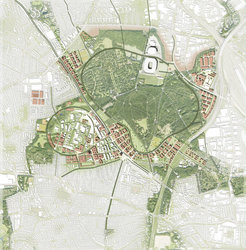 Übersichtsplan der Science City mit geplanten Gebäuden (hellrot) und dem jetzigen Forschungscampus (weiß).