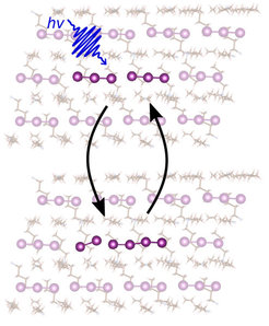 The picture illustrates the photodissociation of triiodide initiated by a laser pulse and the secondary reaction leading to the novel 4-atom intermediate, followed by the recombination reaction.