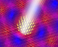 This picture illustrates the manipulation of spin correlations in the Mott insulator Sr2IrO4 induced by laser pulse excitation. Time-resolved resonant inelastic x-ray scattering, for the first time demonstrated with femtosecond time resolution at an x-ray free-electron laser, revealed that correlations within two-dimensional planes evolve on different time scales than the three-dimensional magnetic interactions.