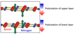 Schematische Darstellung der durch den Infrarot-Laser induzierten Gittervibration und der nachfolgenden Polarisation der einzelnen Lagen des hexagonalen Bornitrids
