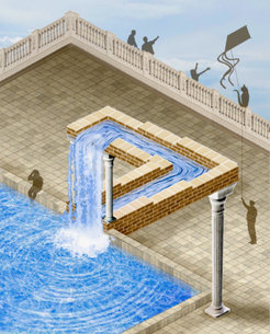 Artistic illustration of the role of a quantum observer in a nanodevice: When observing only the right part of the figure (covering the left part with the hand the water appears to flow down the channel, instead, by looking at the whole painting the water actually flows uphill. This apparent paradox mimics the coherent superposition of two quantum states (water flowing up and down). By observing at specific parts of our system we are able to tune between these two states and hence change the ‘physical response of the nanodevice’ in a controlled way.