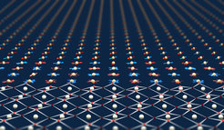 This image depicts the magnetic ordering, i.e. the antiparallel spin alignment, present in the NdNiO3 thin film that is grown on a LaAlO3 crystal substrate. A short mid-infrared laser pulse triggers vibrations in the substrate, indicated by the smeared oxygen atoms in red. This atomic motion initiates melting of the magnetic order in the functional film, starting locally at the interface between the two materials and progressively moving into the interior of the film.