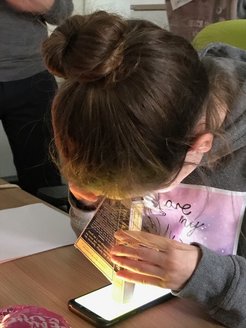 Using hand spectroscopes, the girls examined the color spectrum of various light sources