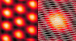 High resolution scanning tunneling microscope (STM) image of twisted bilayer graphene at the 'magic angle' where electron interactions are maximized. Right: A zoom into the STM image with the corresponding lattices of the twisted bilayer graphene overlayed.