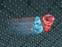 Ein Soliton auf seinem Weg durch den Supraleiter: Regt ein sehr intensiver Laserpuls mit einer Frequenz von zwei Terahertz den Supraleiter Lanthanstrontiumcuprat an, entsteht eine Josephson-Plasmawelle, die langsam über die Ebenen des Materials wandert und nicht zerfließt wie gewöhnliche Wellen. Es handelt sich um ein Josephson-Plasma Soliton, das aus zwei gegeneinander drehenden Wirbeln des supraleitenden Tunnelstromes besteht.