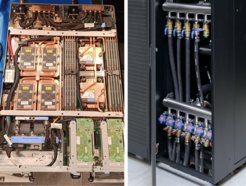 Overheating of the very compact units is prevented by the on-board water cooling of the CPUs and GPUs. Left: A compute node with black tubes and copper pipes which channel the pumped water to two CPUs on the right and four GPUs on the left. Right: Rear view of the cooling unit.